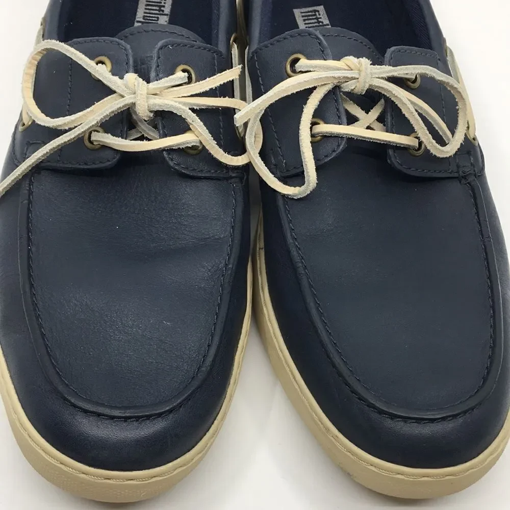 Fitflop LAWRENCE Men's Navy Pebbled Leather Boat Shoes Sz 11